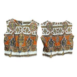 VINTAGE 60s 70s Paisley Halter Top Hippie Crop Sleeveless Drop Tail Orange White